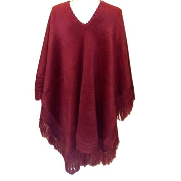 Vintage Womens Boho Fringe Trim Poncho Burgundy One Size Lightweight Layering Wr - Picture 2 of 9